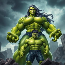 A powerful and muscular female Hulk towering over a smaller male Hulk, showcasing their remarkable strength and contrasting sizes