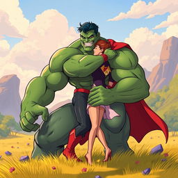 A stylized illustration of a muscular green superhero resembling a giant, with exaggerated features and a strong physique, passionately embracing his partner in a romantic scene