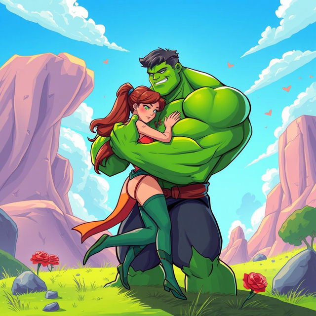 A stylized illustration of a muscular green superhero resembling a giant, with exaggerated features and a strong physique, passionately embracing his partner in a romantic scene