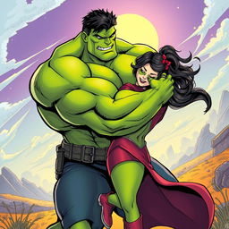 A stylized illustration of a muscular green superhero resembling a giant, with exaggerated features and a strong physique, passionately embracing his partner in a romantic scene