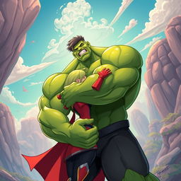 A stylized illustration of a muscular green superhero resembling a giant, with exaggerated features and a strong physique, passionately embracing his partner in a romantic scene