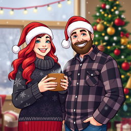 A cozy holiday scene featuring two adult characters, both wearing festive Santa hats
