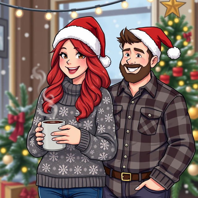 A cozy holiday scene featuring two adult characters, both wearing festive Santa hats