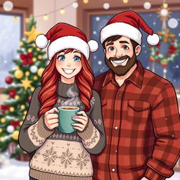 A cozy holiday scene featuring two adult characters, both wearing festive Santa hats