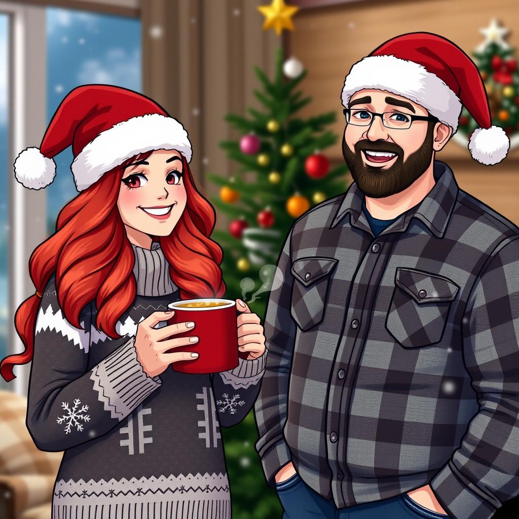 A cozy holiday scene featuring two adult characters, both wearing festive Santa hats