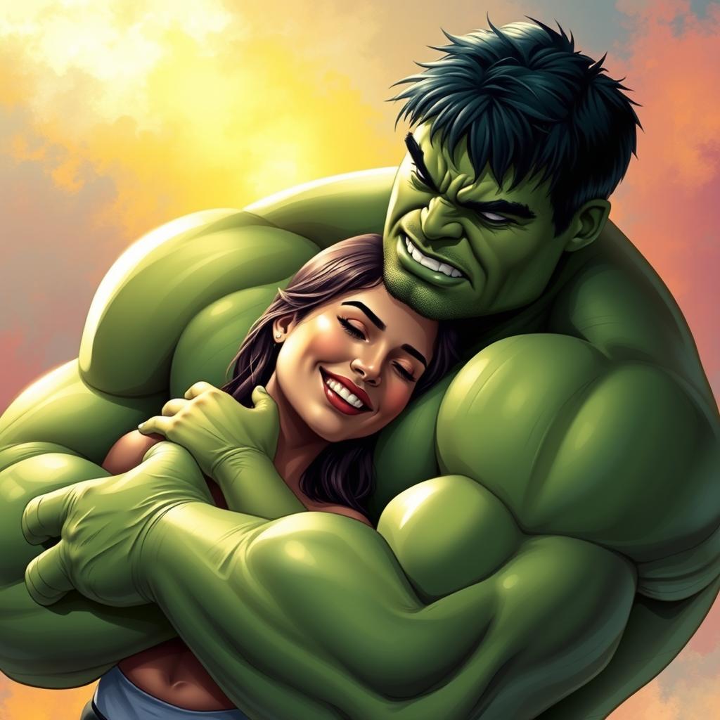 The Hulk, a massive green superhero with bulging muscles, gently embracing his attractive wife, showcasing a powerful yet tender moment