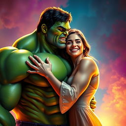 The Hulk, a massive green superhero with bulging muscles, gently embracing his attractive wife, showcasing a powerful yet tender moment