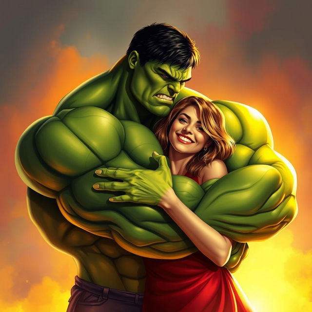 The Hulk, a massive green superhero with bulging muscles, gently embracing his attractive wife, showcasing a powerful yet tender moment