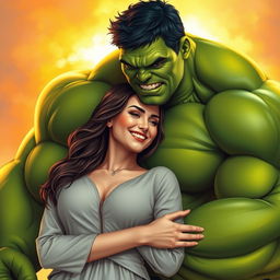 The Hulk, a massive green superhero with bulging muscles, gently embracing his attractive wife, showcasing a powerful yet tender moment