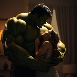 A sensual and intimate scene featuring the Hulk and his wife sharing a passionate kiss