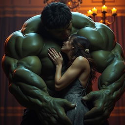 A sensual and intimate scene featuring the Hulk and his wife sharing a passionate kiss