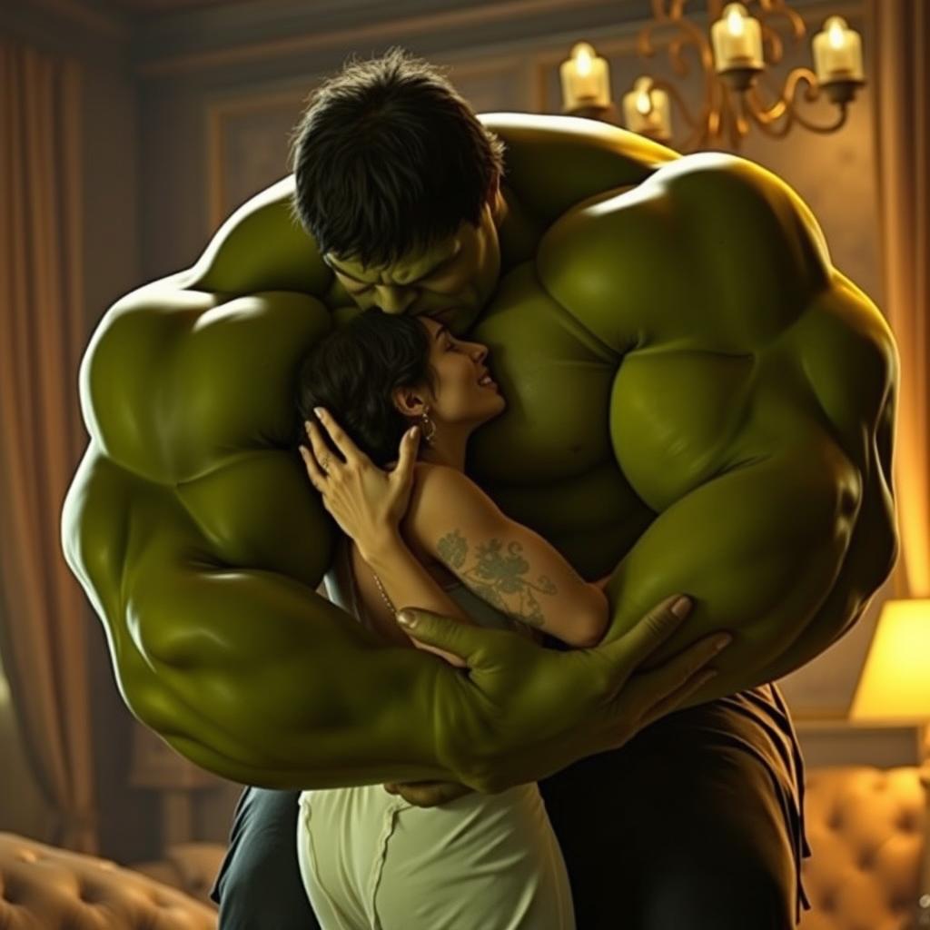 A sensual and intimate scene featuring the Hulk and his wife sharing a passionate kiss