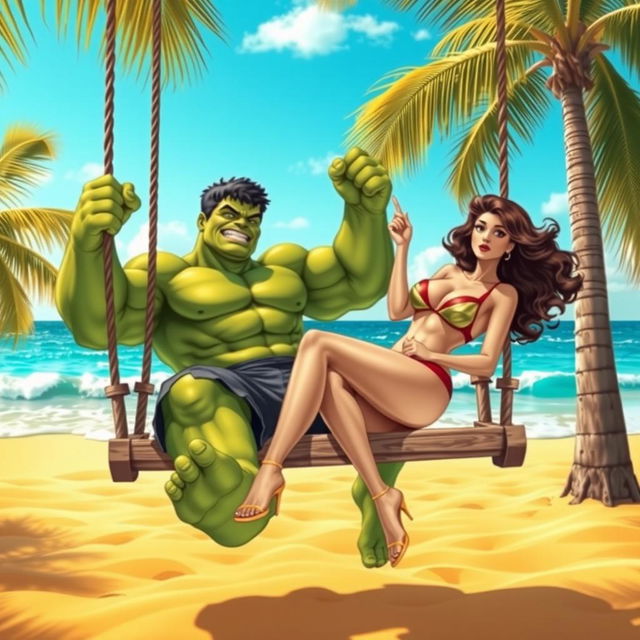 A whimsical scene depicting Hulk relaxing on a swing by the beach, with a seductive woman playfully swinging alongside him