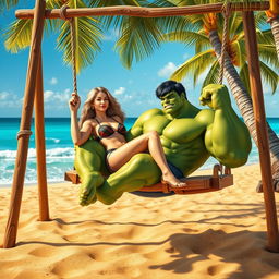 A whimsical scene depicting Hulk relaxing on a swing by the beach, with a seductive woman playfully swinging alongside him