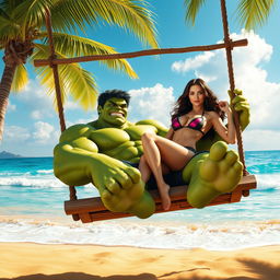 A whimsical scene depicting Hulk relaxing on a swing by the beach, with a seductive woman playfully swinging alongside him