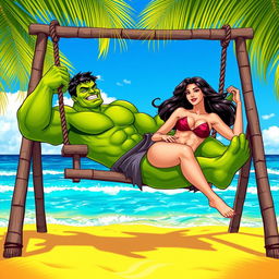 A whimsical scene depicting Hulk relaxing on a swing by the beach, with a seductive woman playfully swinging alongside him