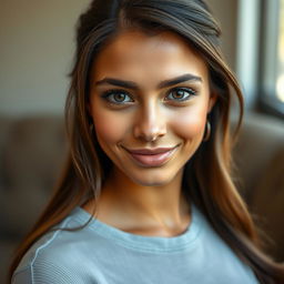 A portrait of a confident young woman with striking features, engaging directly with the viewer through captivating eye contact