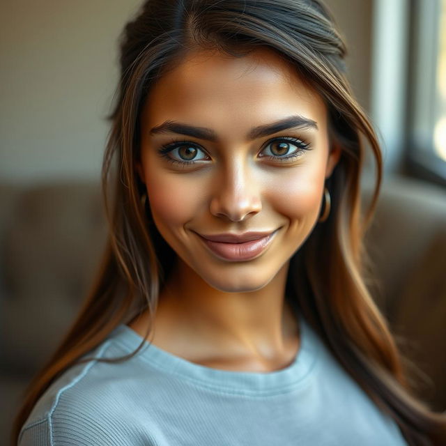 A portrait of a confident young woman with striking features, engaging directly with the viewer through captivating eye contact