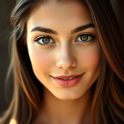 A portrait of a confident young woman with striking features, engaging directly with the viewer through captivating eye contact