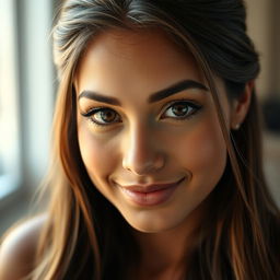 A portrait of a confident young woman with striking features, engaging directly with the viewer through captivating eye contact