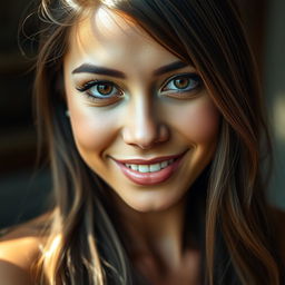 A portrait of a confident young woman with striking features, engaging directly with the viewer through captivating eye contact
