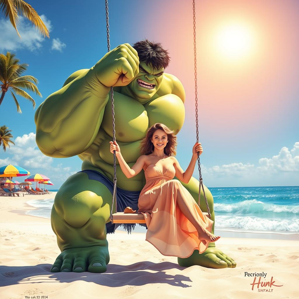 A vibrant beach scene featuring the Hulk gently cradling a swing as a woman sits gracefully on it, capturing the joy of a summer day