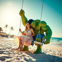 A vibrant beach scene featuring the Hulk gently cradling a swing as a woman sits gracefully on it, capturing the joy of a summer day