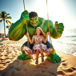 A vibrant beach scene featuring the Hulk gently cradling a swing as a woman sits gracefully on it, capturing the joy of a summer day