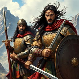 A powerful depiction of Iranian warriors in traditional armor, standing proud against a dramatic, mountainous backdrop