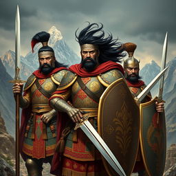 A powerful depiction of Iranian warriors in traditional armor, standing proud against a dramatic, mountainous backdrop
