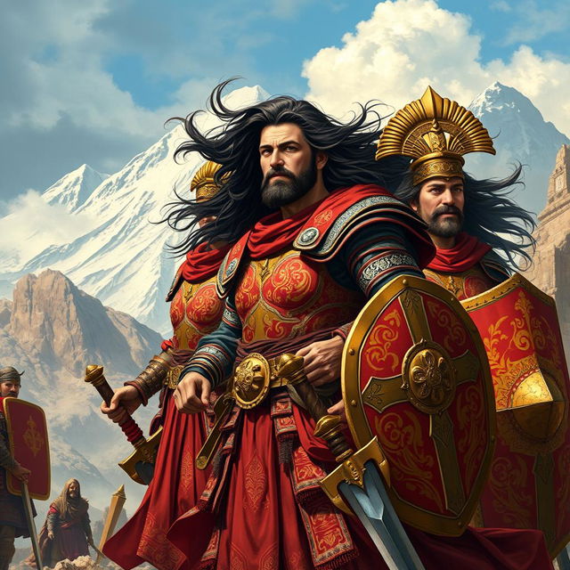 A powerful depiction of Iranian warriors in traditional armor, standing proud against a dramatic, mountainous backdrop