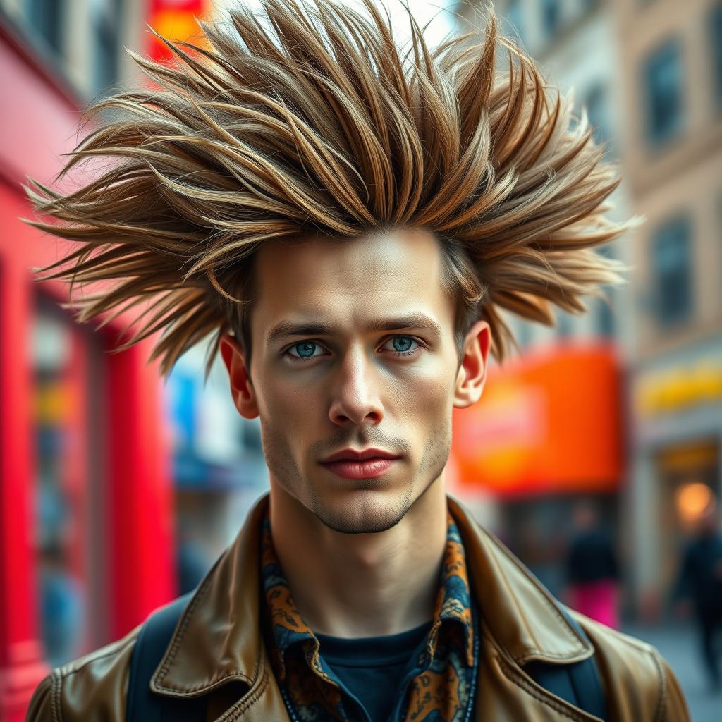 A detailed portrait of a Caucasian male with strikingly large hair, styled in an extravagant manner