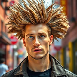 A detailed portrait of a Caucasian male with strikingly large hair, styled in an extravagant manner