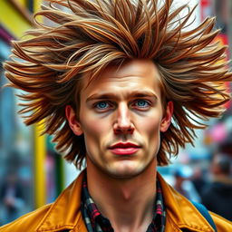 A detailed portrait of a Caucasian male with strikingly large hair, styled in an extravagant manner