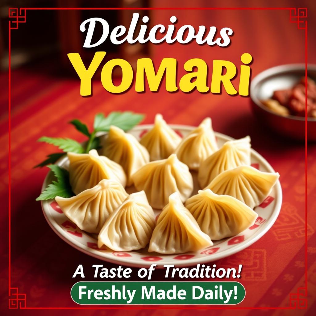A vibrant and inviting banner for a Yomari shop, featuring a beautifully arranged plate of freshly made Yomari dumplings, showcasing their unique shape and colorful fillings