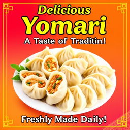 A vibrant and inviting banner for a Yomari shop, featuring a beautifully arranged plate of freshly made Yomari dumplings, showcasing their unique shape and colorful fillings