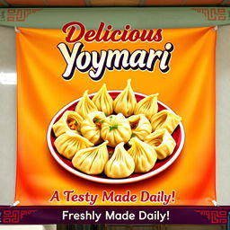 A vibrant and inviting banner for a Yomari shop, featuring a beautifully arranged plate of freshly made Yomari dumplings, showcasing their unique shape and colorful fillings