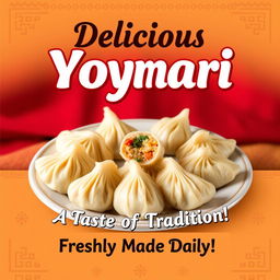 A vibrant and inviting banner for a Yomari shop, featuring a beautifully arranged plate of freshly made Yomari dumplings, showcasing their unique shape and colorful fillings