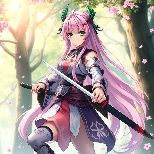 A stunning, full-body depiction of Mitsuri Kanroji from Demon Slayer, showcasing her distinct features such as her long, flowing pink and green hair, vibrant green eyes, and her unique, intricately designed demon slayer uniform