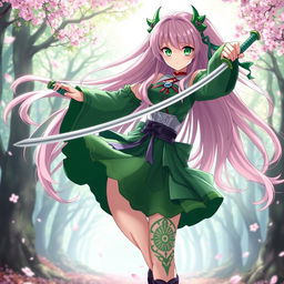 A stunning, full-body depiction of Mitsuri Kanroji from Demon Slayer, showcasing her distinct features such as her long, flowing pink and green hair, vibrant green eyes, and her unique, intricately designed demon slayer uniform