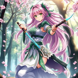A stunning, full-body depiction of Mitsuri Kanroji from Demon Slayer, showcasing her distinct features such as her long, flowing pink and green hair, vibrant green eyes, and her unique, intricately designed demon slayer uniform