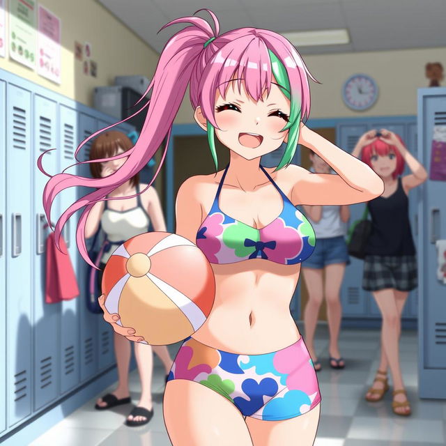 A playful and vibrant scene featuring Mitsuri Kanroji from Demon Slayer in a stylish swimsuit while in a school setting