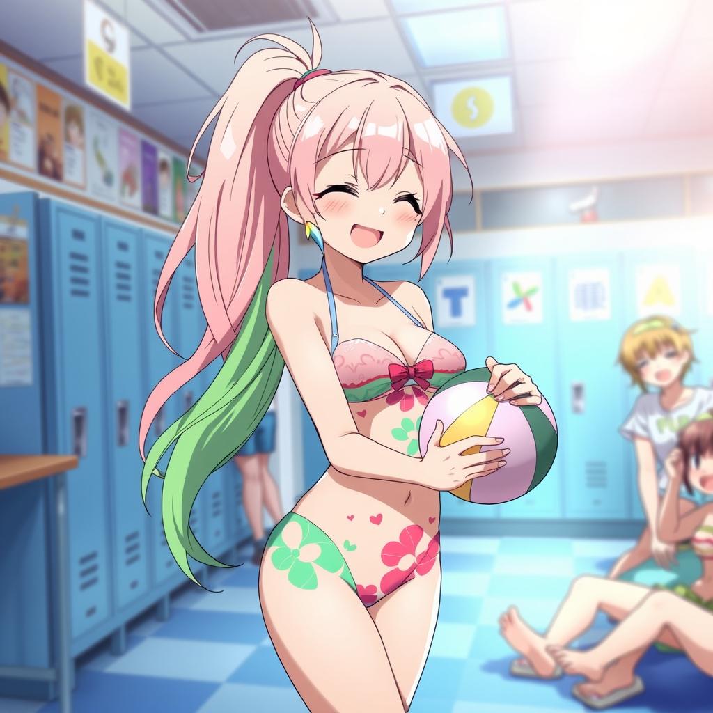 A playful and vibrant scene featuring Mitsuri Kanroji from Demon Slayer in a stylish swimsuit while in a school setting