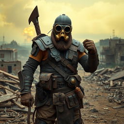 A fierce nuclear wasteland warrior standing confidently amidst the ruins of a post-apocalyptic landscape