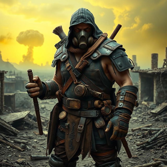 A fierce nuclear wasteland warrior standing confidently amidst the ruins of a post-apocalyptic landscape