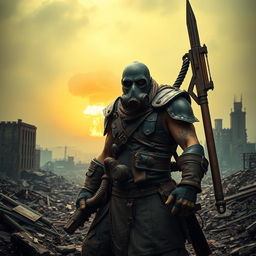A fierce nuclear wasteland warrior standing confidently amidst the ruins of a post-apocalyptic landscape