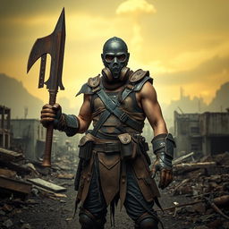 A fierce nuclear wasteland warrior standing confidently amidst the ruins of a post-apocalyptic landscape