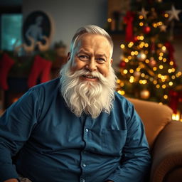 A man with a blue shirt and a bushy white beard reminiscent of Santa Claus, sitting on a cozy armchair