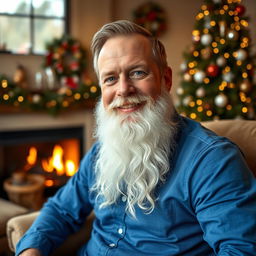 A man with a blue shirt and a bushy white beard reminiscent of Santa Claus, sitting on a cozy armchair