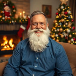 A man with a blue shirt and a bushy white beard reminiscent of Santa Claus, sitting on a cozy armchair